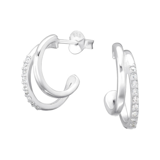 CZ Crystal Lined Split Double Hoop Stud Earrings - Pair - 925 Sterling Silver