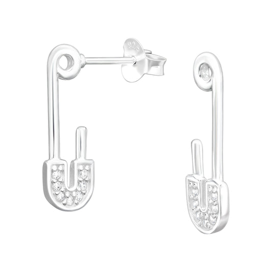 CZ Crystal Safety Pin Stud Earrings - Pair - 925 Sterling Silver