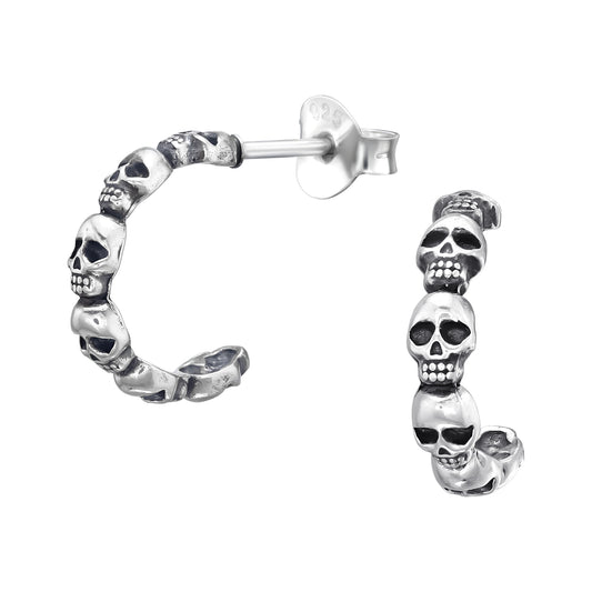 Skull Lined Half Hoop Earrings - Pair - 925 Sterling Silver