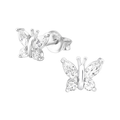 CZ Crystal Butterfly Stud Earrings - Pair - 925 Sterling Silver