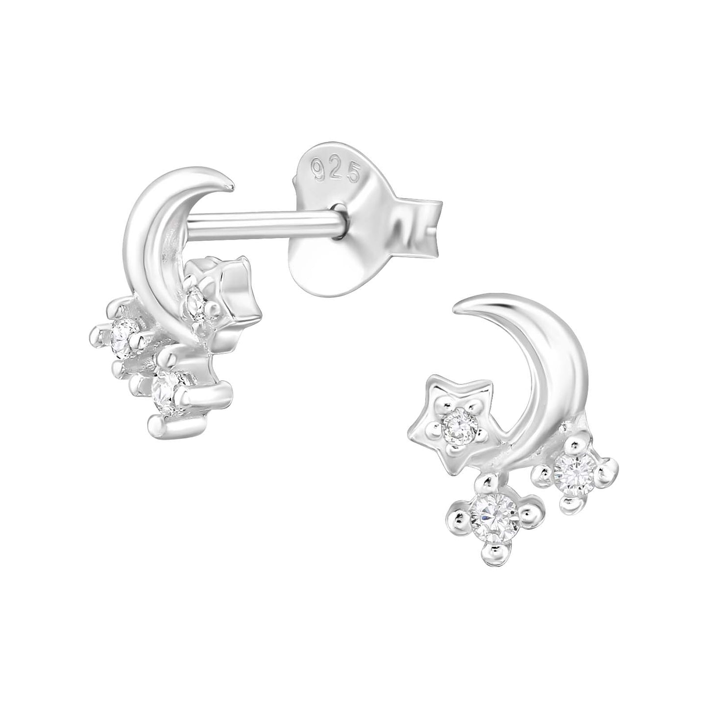 Crescent Moon and CZ Crystal Stars Stud Earrings - Pair - 925 Sterling Silver