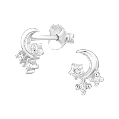 Crescent Moon and CZ Crystal Stars Stud Earrings - Pair - 925 Sterling Silver