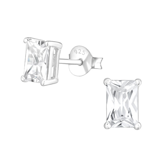 CZ Crystal Rectangle Shaped Stud Earrings - Pair - 925 Sterling Silver