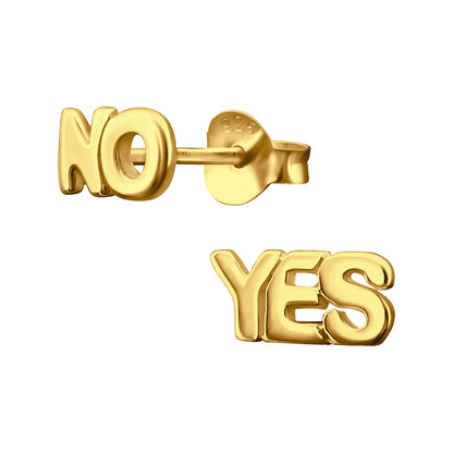 Yes/No Word Stud Earrings - Pair - Gold Plated 925 Sterling Silver