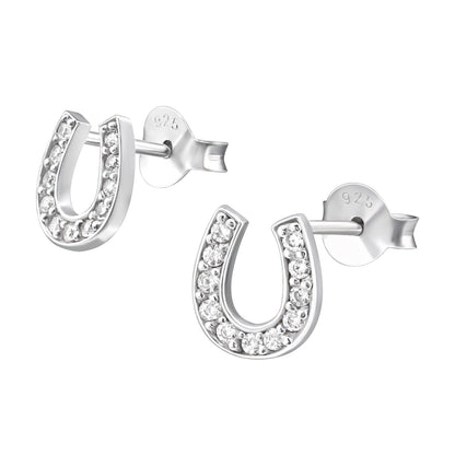 Crystal Horseshoe Stud Earrings - Pair - 925 Sterling Silver