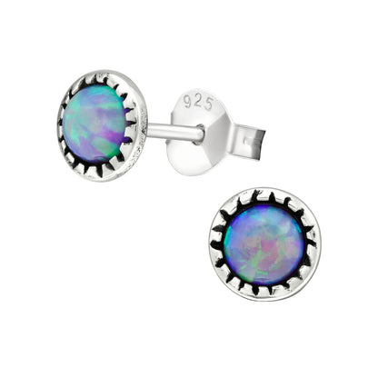 Synthetic Opal Stud Earrings - Pair - Oxidized 925 Sterling Silver