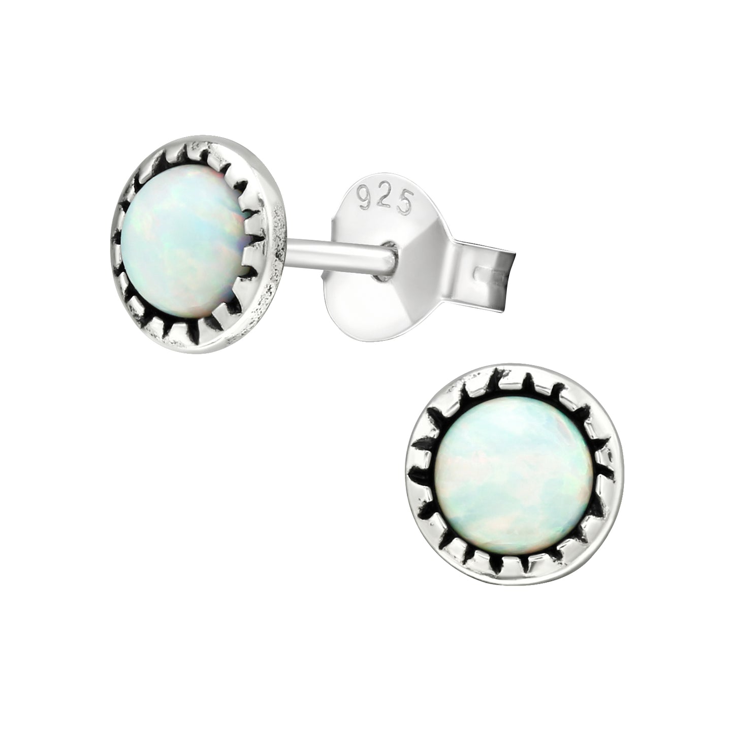 Synthetic Opal Stud Earrings - Pair - Oxidized 925 Sterling Silver