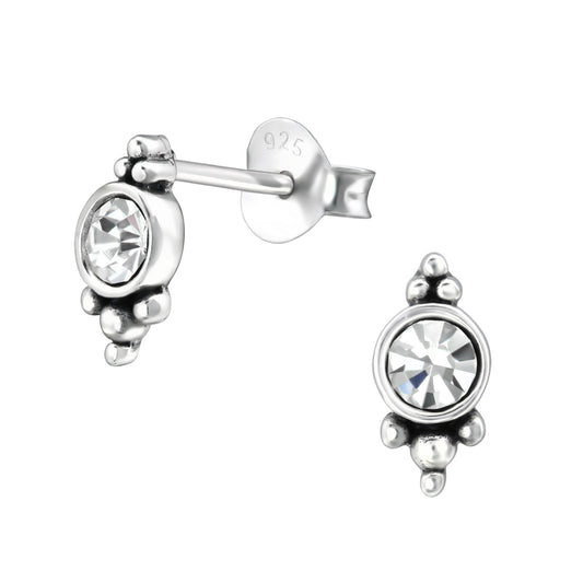 Round Crystals with Bead Clusters Stud Earrings - Pair - Oxidized 925 Sterling Silver