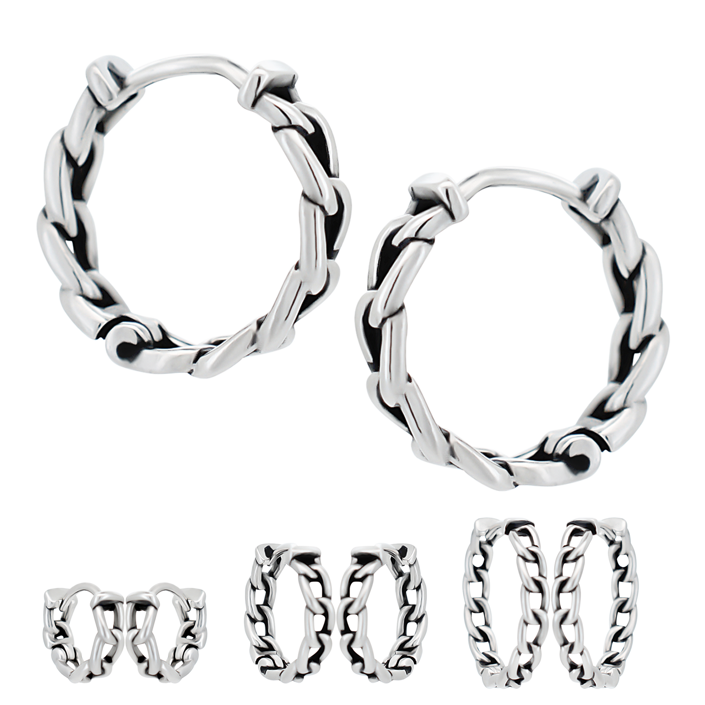 Chain Link Huggie Hoop Earrings - Pair - Stainless Steel