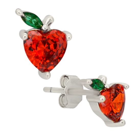 CZ Crystal Red Apple Stud Earrings - Pair - 925 Sterling Silver