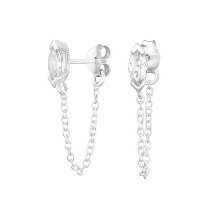 CZ Crystal Marquise Stud Earrings with Connecting Chain - 925 Sterling Silver