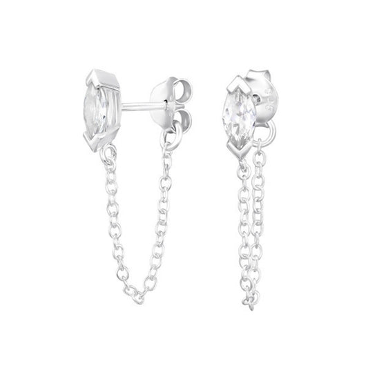 CZ Crystal Marquise Stud Earrings with Connecting Chain - 925 Sterling Silver