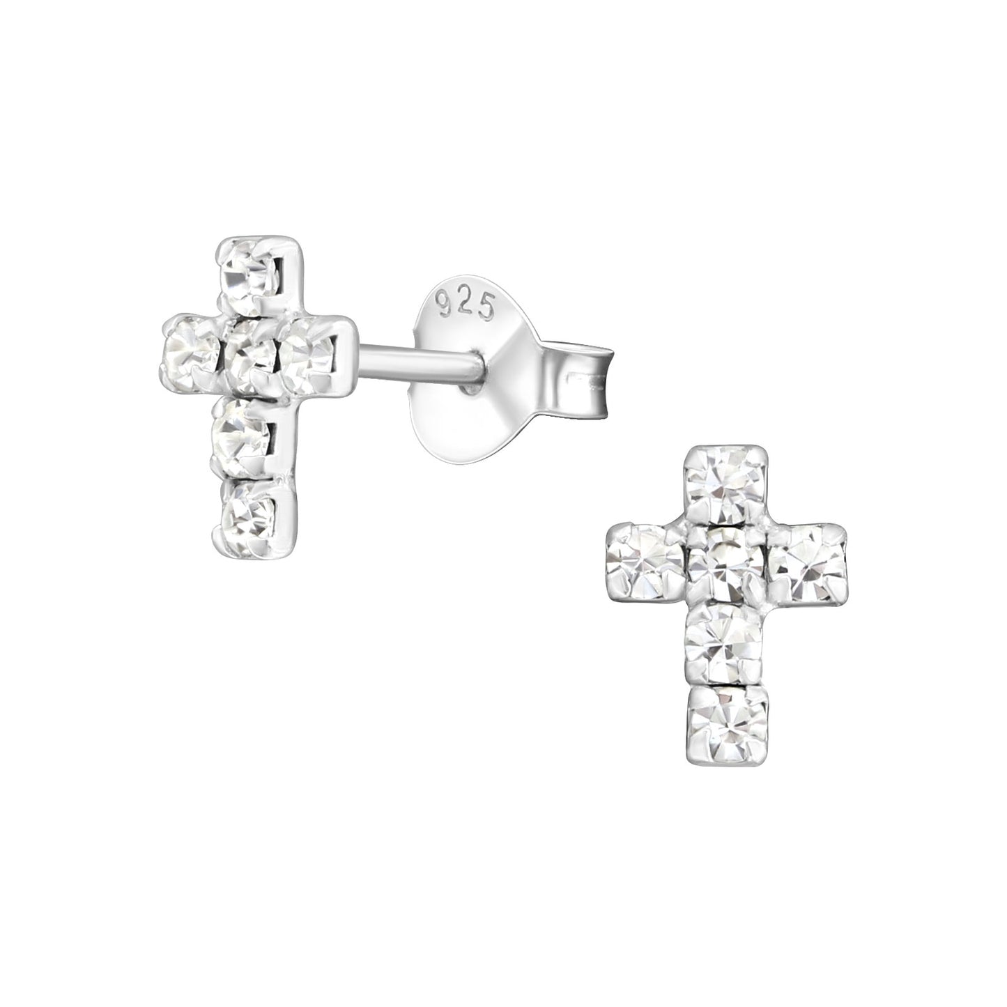 Crystal Cross Stud Earrings - Pair - 925 Sterling Silver