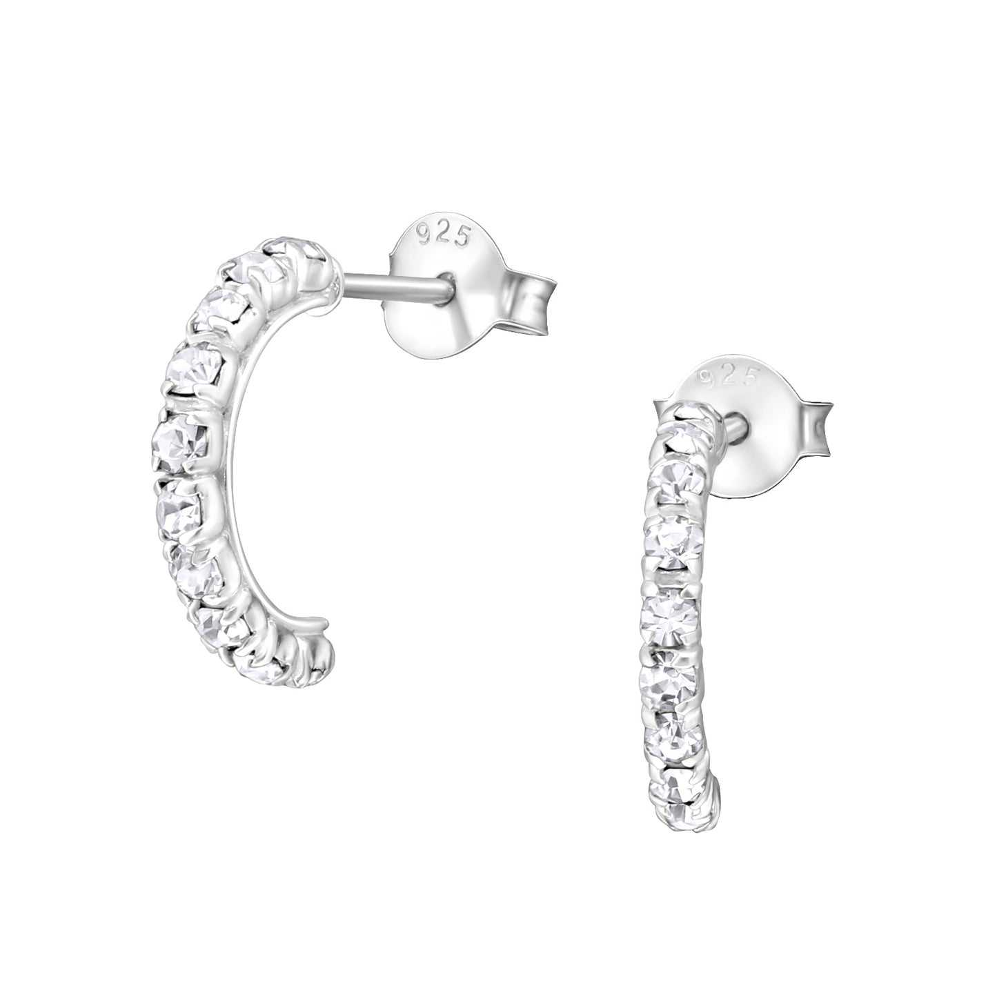 Crystal Lined Semi Hoop Earrings - Pair - 925 Sterling Silver