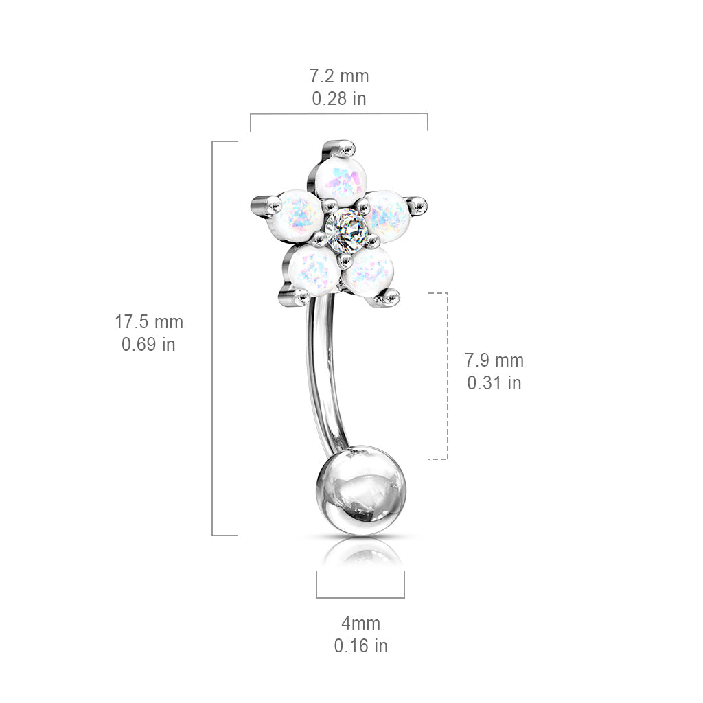 Glittery Opalite Flower with CZ Center Eyebrow Curved Barbell - 316L Stainless Steel