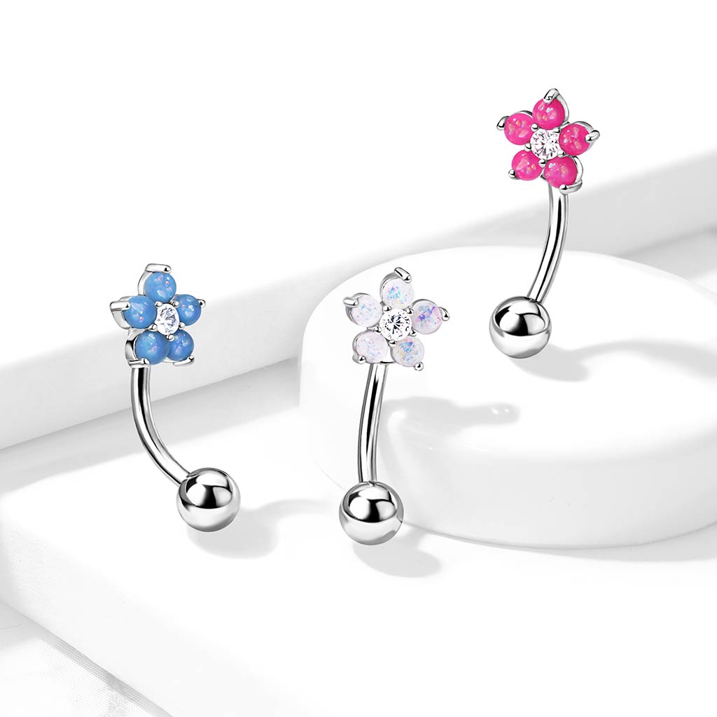 Glittery Opalite Flower with CZ Center Eyebrow Curved Barbell - 316L Stainless Steel