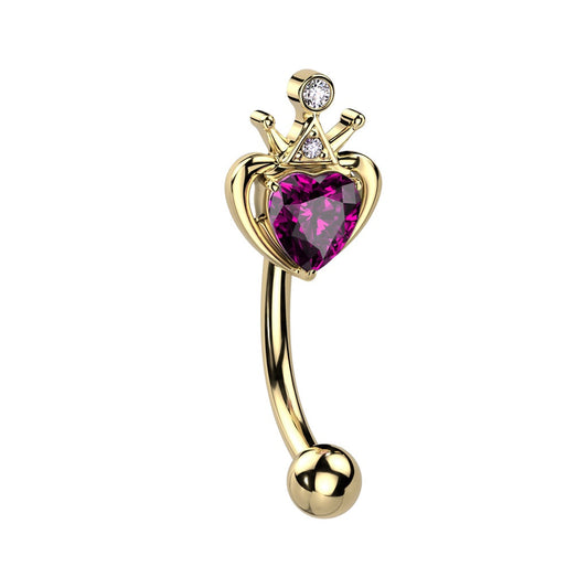 Crown with Pink Gem Heart Curved Eyebrow Barbell - Gold PVD 316L Stainless Steel