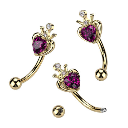 Crown with Pink Gem Heart Curved Eyebrow Barbell - Gold PVD 316L Stainless Steel