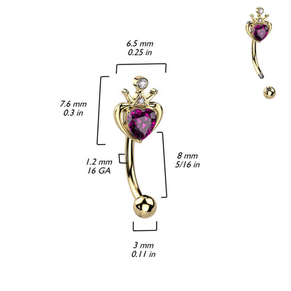 Crown with Pink Gem Heart Curved Eyebrow Barbell - Gold PVD 316L Stainless Steel