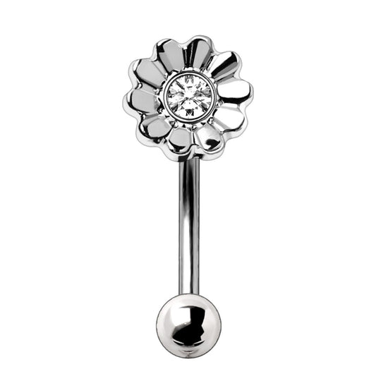 CZ Crystal Daisy Flower Eyebrow Curved Barbell - 316L Stainless Steel