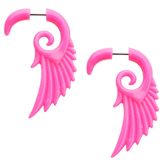 Pink Angel Wing Fake Hanging Taper Earrings - Acrylic - Pair