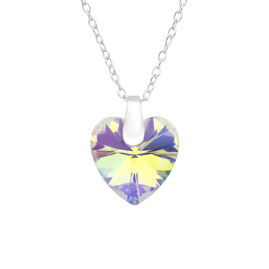 Aurora Borealis Crystal Heart Pendant Necklace - 925 Sterling Silver