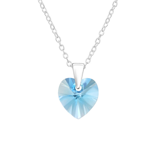 Aqua Crystal Heart Pendant Necklace - 925 Sterling Silver