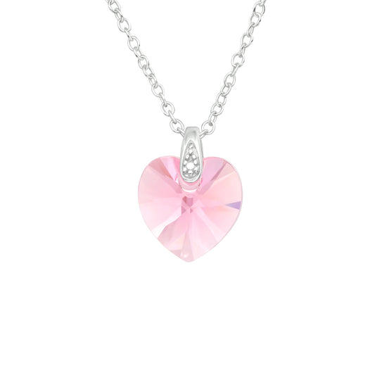 Pink Crystal Heart Pendant Necklace - 925 Sterling Silver