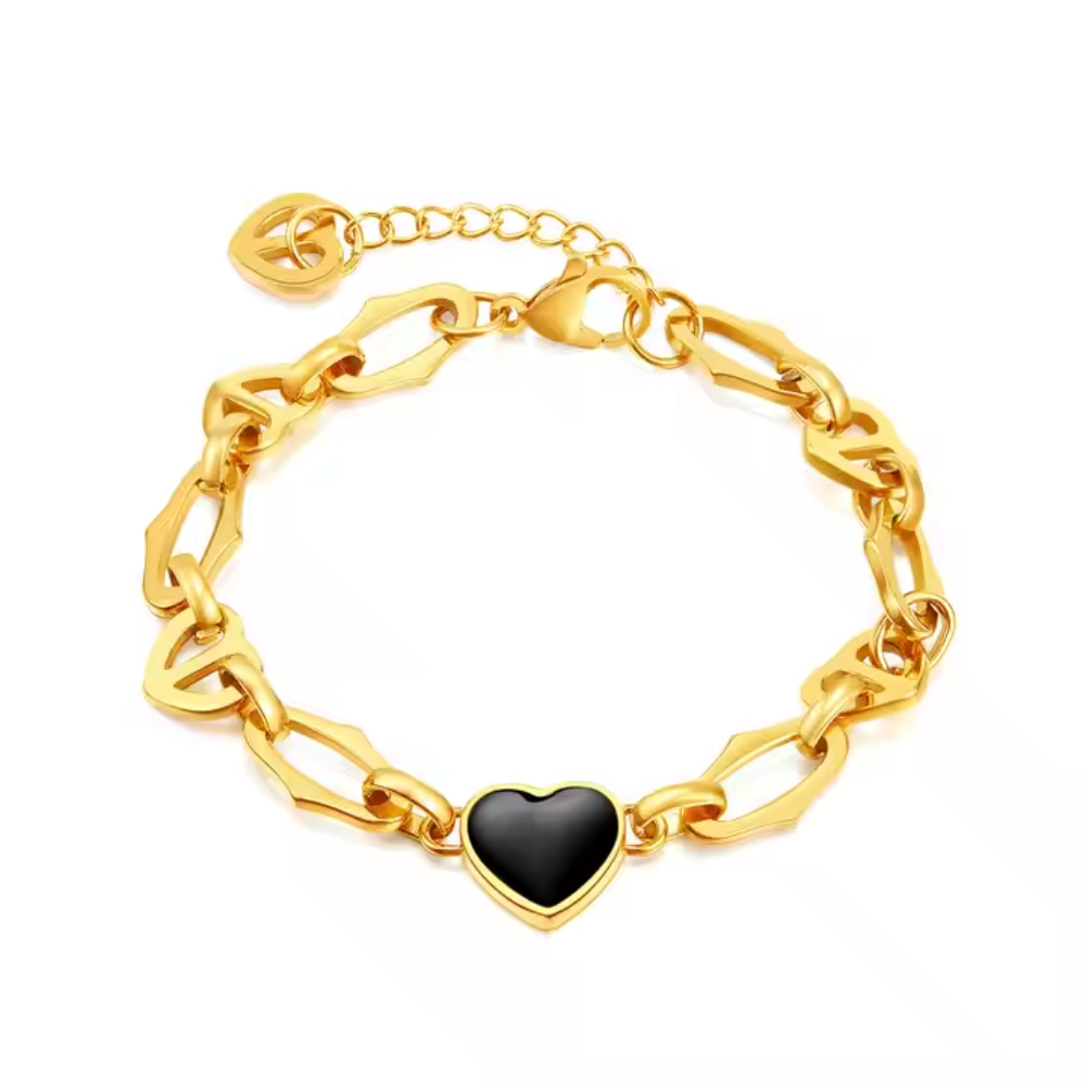 Black Heart Charm Bracelet - Stainless Steel