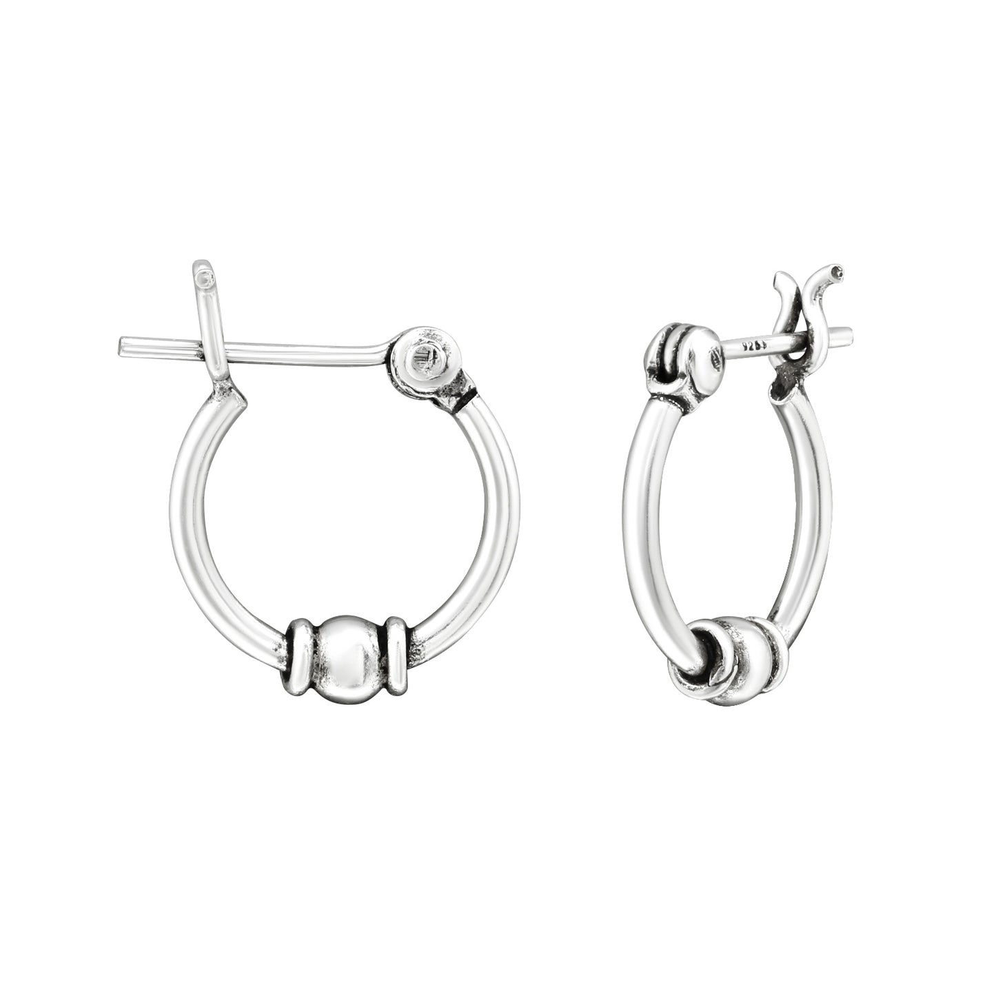 12mm Bead Center Bali Hoop Earrings with French Lock - Pair - 925 Sterling Silver