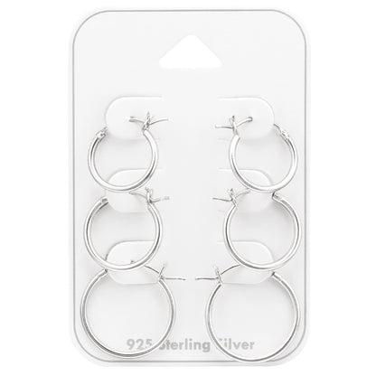 Set of 3 Pairs of Thin French Lock Hoop Earrings - 925 Sterling Silver