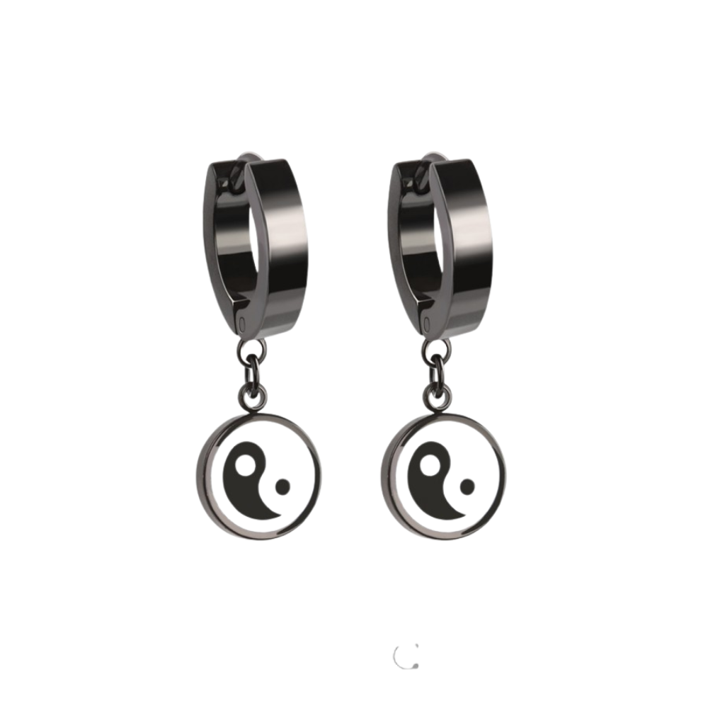 Yin Yang Dangling Huggie Hoop Earrings - Pair - 316L Stainless Steel