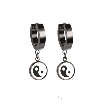 Yin Yang Dangling Huggie Hoop Earrings - Pair - 316L Stainless Steel