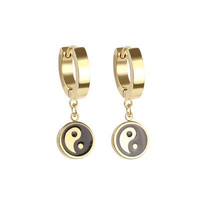 Yin Yang Dangling Huggie Hoop Earrings - Pair - 316L Stainless Steel