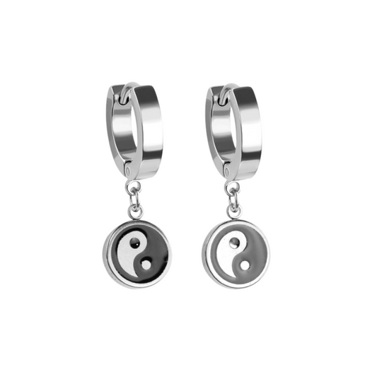 Yin Yang Dangling Huggie Hoop Earrings - Pair - 316L Stainless Steel