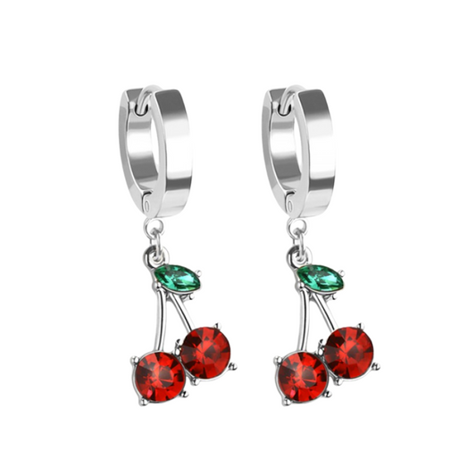 CZ Crystal Cherry Dangling Huggie Hoop Earrings - Pair - 316L Stainless Steel