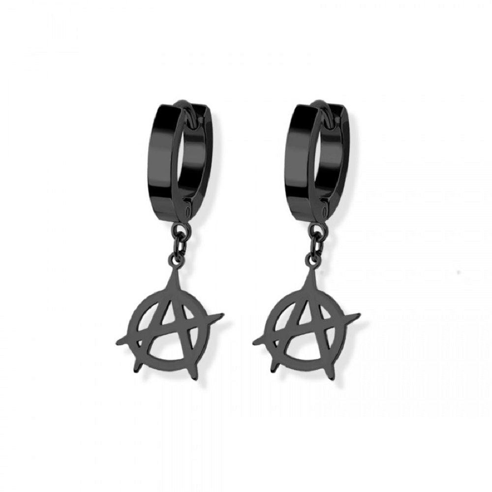 Anarchy Symbol Dangling Huggie Hoop Earrings - Pair - 316L Stainless Steel