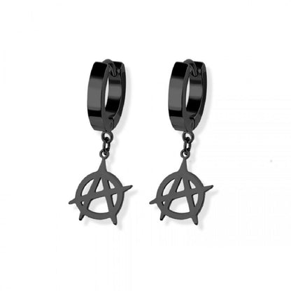 Anarchy Symbol Dangling Huggie Hoop Earrings - Pair - 316L Stainless Steel