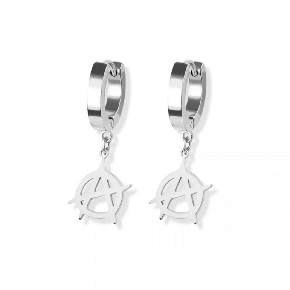 Anarchy Symbol Dangling Huggie Hoop Earrings - Pair - 316L Stainless Steel