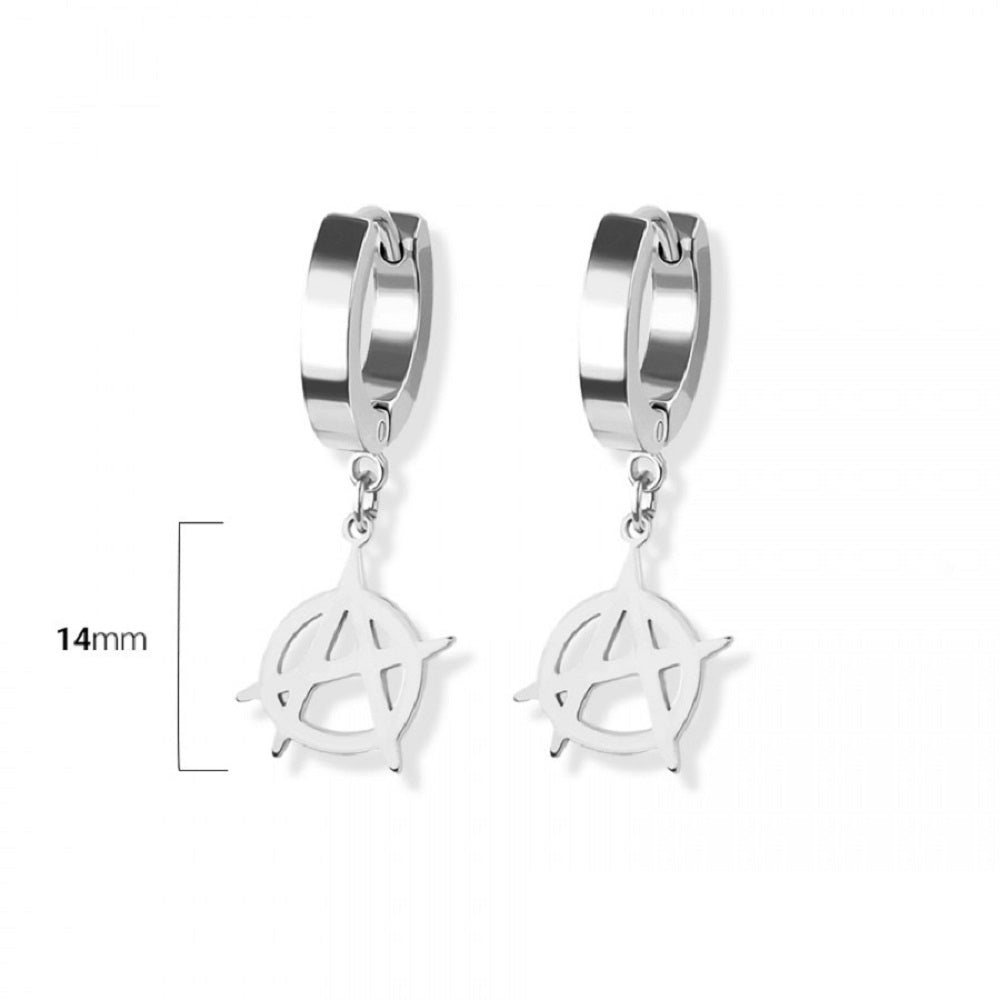 Anarchy Symbol Dangling Huggie Hoop Earrings - Pair - 316L Stainless Steel