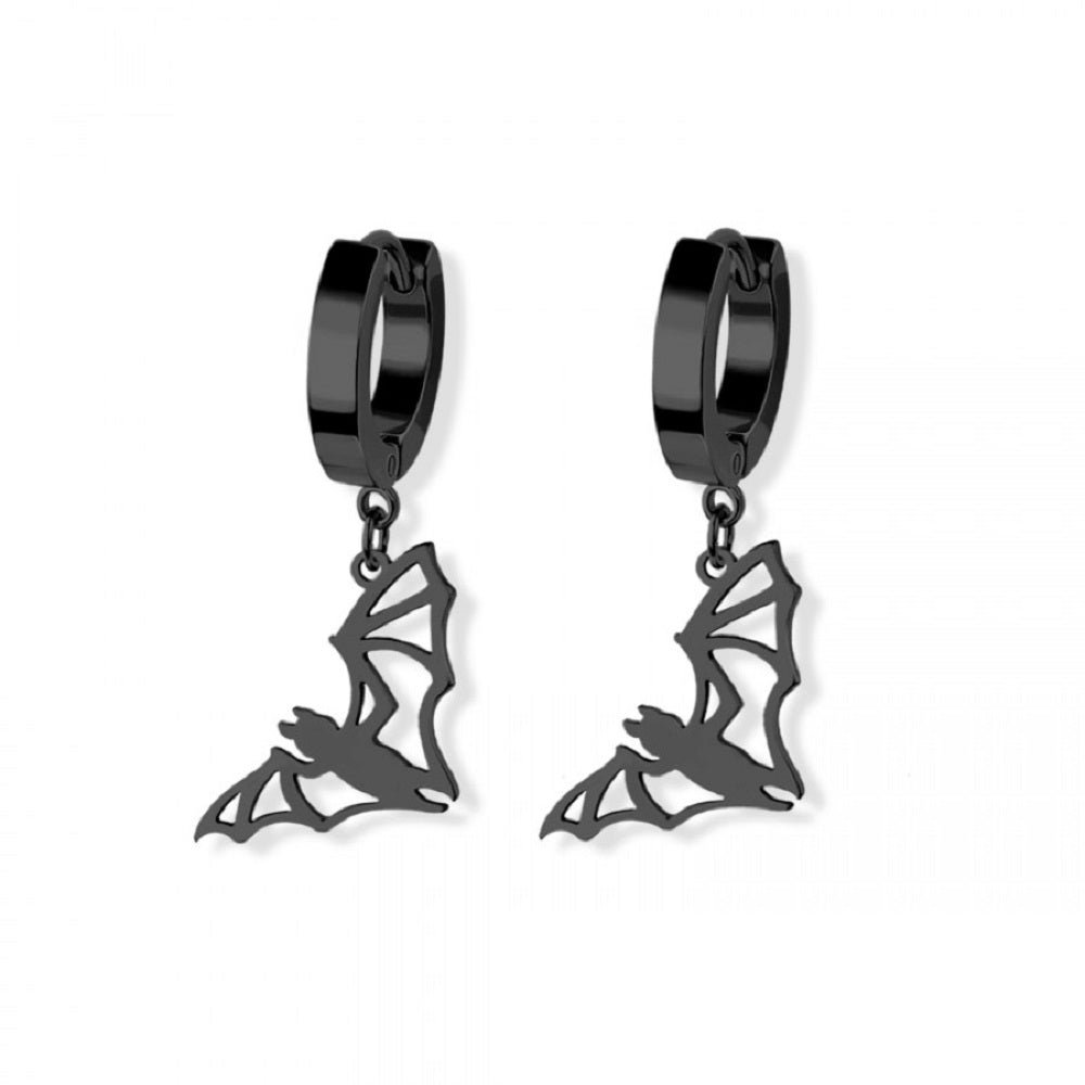 Bat Outline Dangling Huggie Hoop Earrings - Pair - 316L Stainless Steel