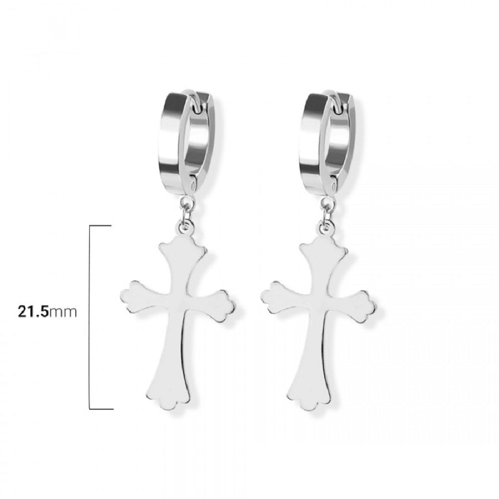 Gothic Cross Dangling Huggie Hoop Earrings - Pair - 316L Stainless Steel