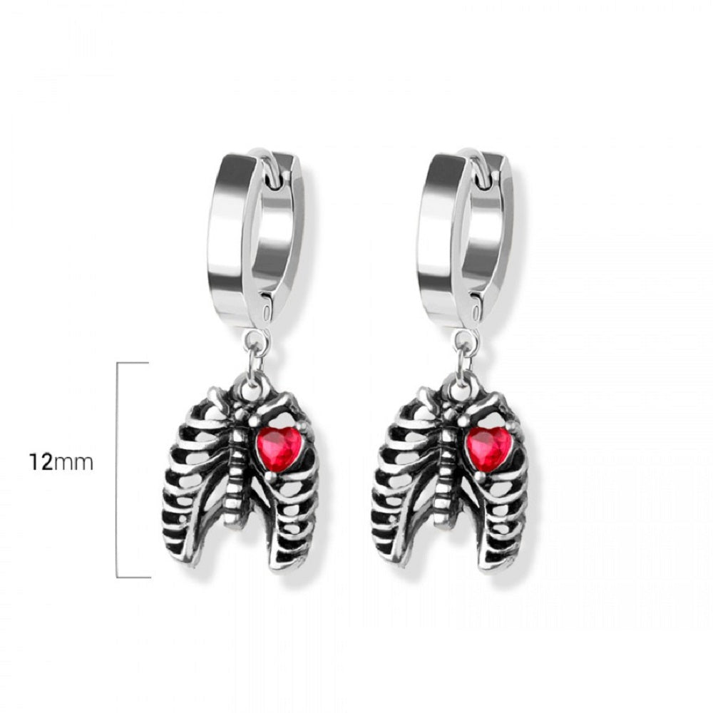 Skeleton Rib Cage with Crystal Heart Huggie Hoop Dangling Earrings - 316L Stainless Steel - Pair