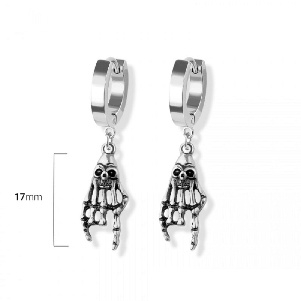 Skeleton Hand Huggie Hoop Dangling Earrings - 316L Stainless Steel - Pair