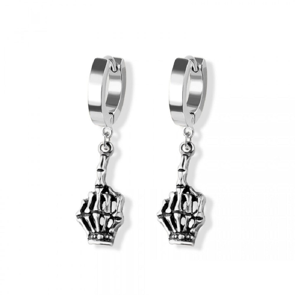 Skeleton Middle Finger Huggie Hoop Dangling Earrings - 316L Stainless Steel - Pair