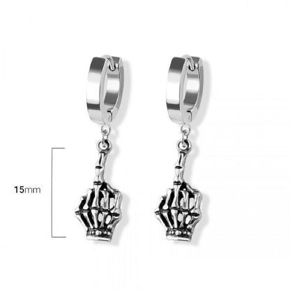 Skeleton Middle Finger Huggie Hoop Dangling Earrings - 316L Stainless Steel - Pair