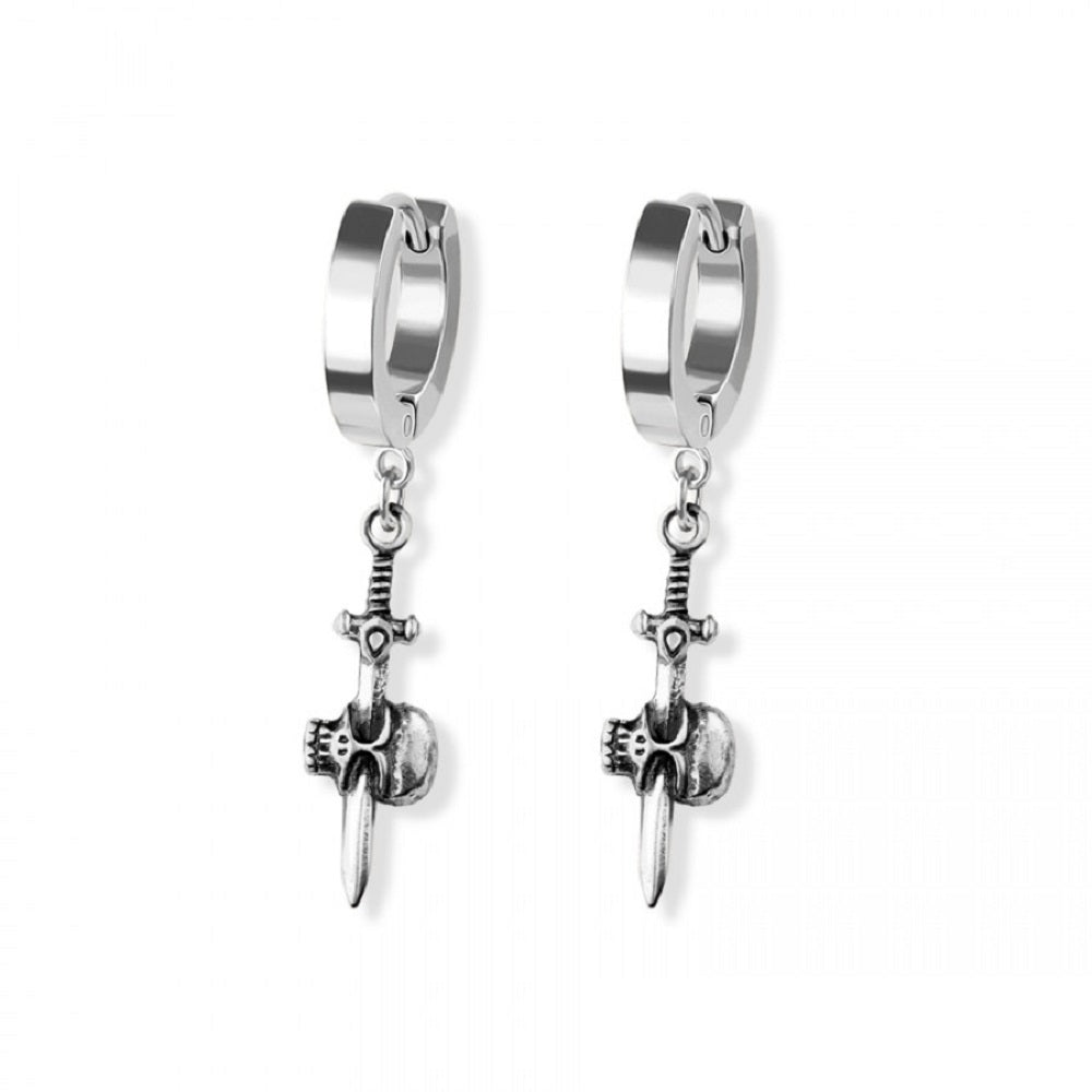 Skull Dagger Huggie Hoop Dangling Earrings - 316L Stainless Steel - Pair