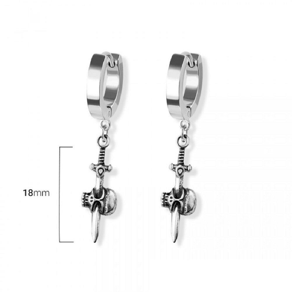 Skull Dagger Huggie Hoop Dangling Earrings - 316L Stainless Steel - Pair