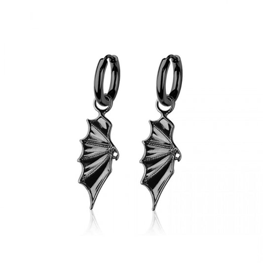 Black Bat Wing Dangling Huggie Hoop Earrings - Pair - 316L Stainless Steel