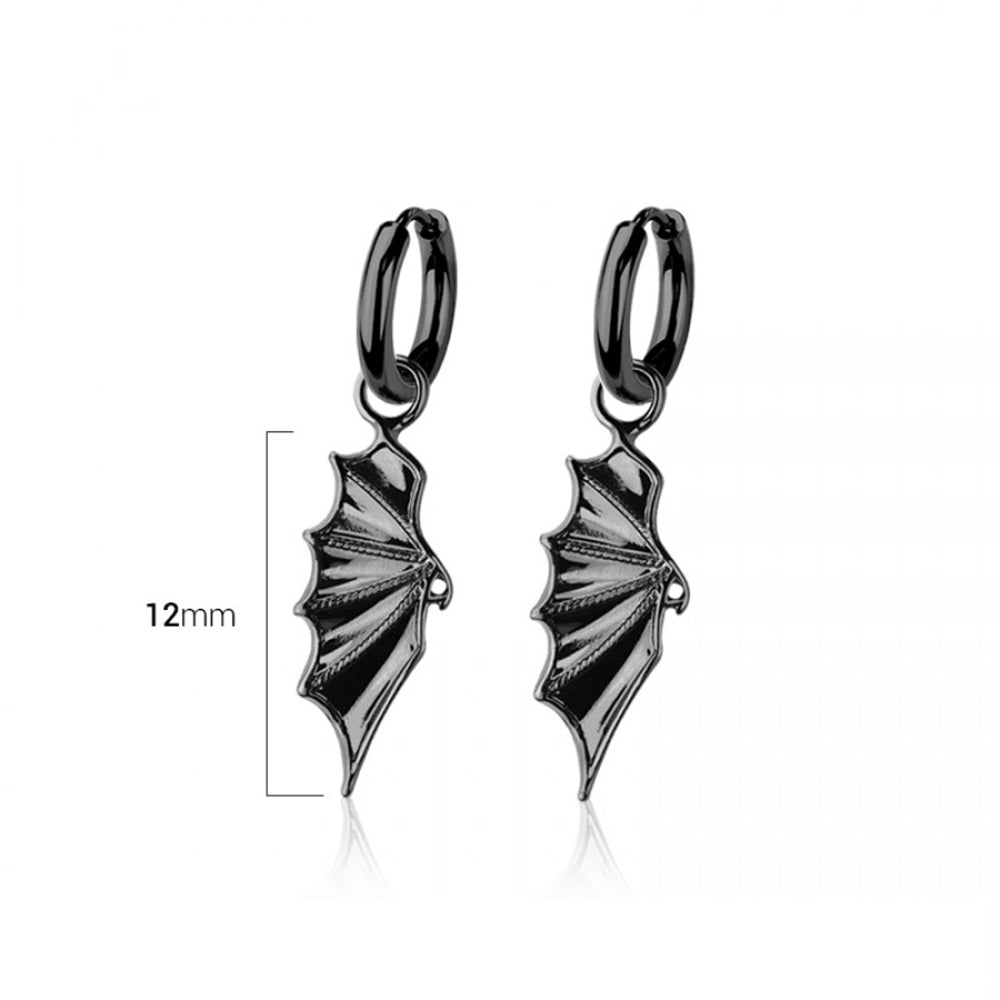 Black Bat Wing Dangling Huggie Hoop Earrings - Pair - 316L Stainless Steel